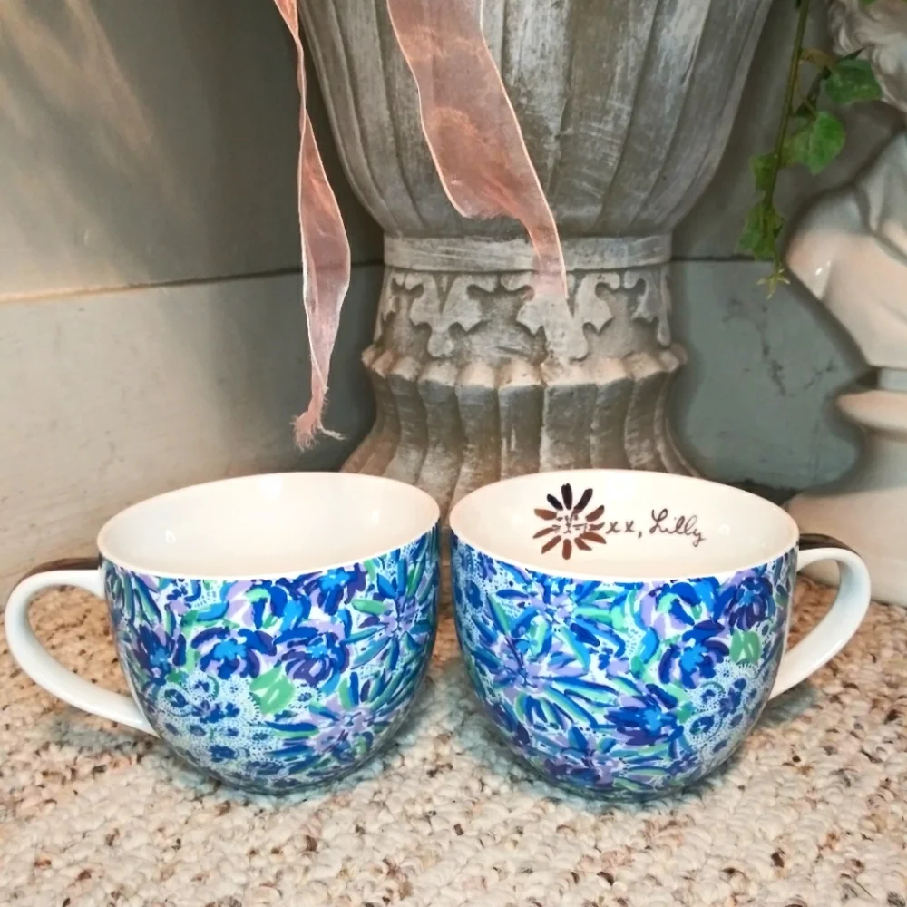 Lilly Pulitzer "Dandy Lion" Green Blue, Lavender Lion Head Floral Coffee Mug Set - Picture 1 of 9
